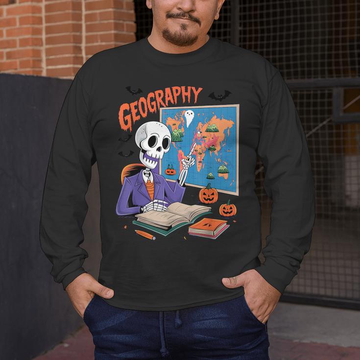 Halloween Skeleton Geography Teacher Pumpkin Bats Classroom Men's Long Sleeve T-Shirt, funny design Halloween Skeleton Geography Teacher Pumpkin Bats Classroom Men's Long Sleeve T-Shirt, funny design