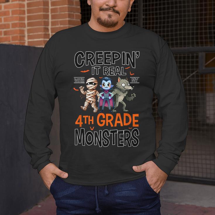 Halloween Teacher Creepin It Real With My 4th Grade Monsters Men's Long Sleeve T-Shirt, funny design Halloween Teacher Creepin It Real With My 4th Grade Monsters Men's Long Sleeve T-Shirt, funny design