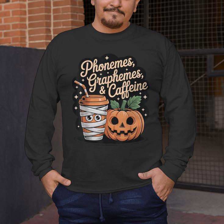 Halloween Teacher Phonemes Graphemes Caffeine Coffee Lover Men's Long Sleeve T-Shirt, funny design