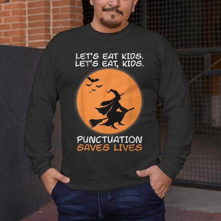Halloween Teacher Witch Lets Eat Kids Punctuation Men's Long Sleeve T-Shirt, funny design Halloween Teacher Witch Lets Eat Kids Punctuation Men's Long Sleeve T-Shirt, funny design