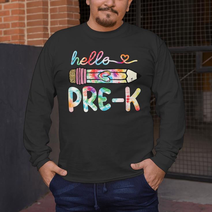 Hello Pre-K Pencil Teacher Student Tie Dye Men's Long Sleeve T-Shirt, funny design Hello Pre-K Pencil Teacher Student Tie Dye Men's Long Sleeve T-Shirt, funny design