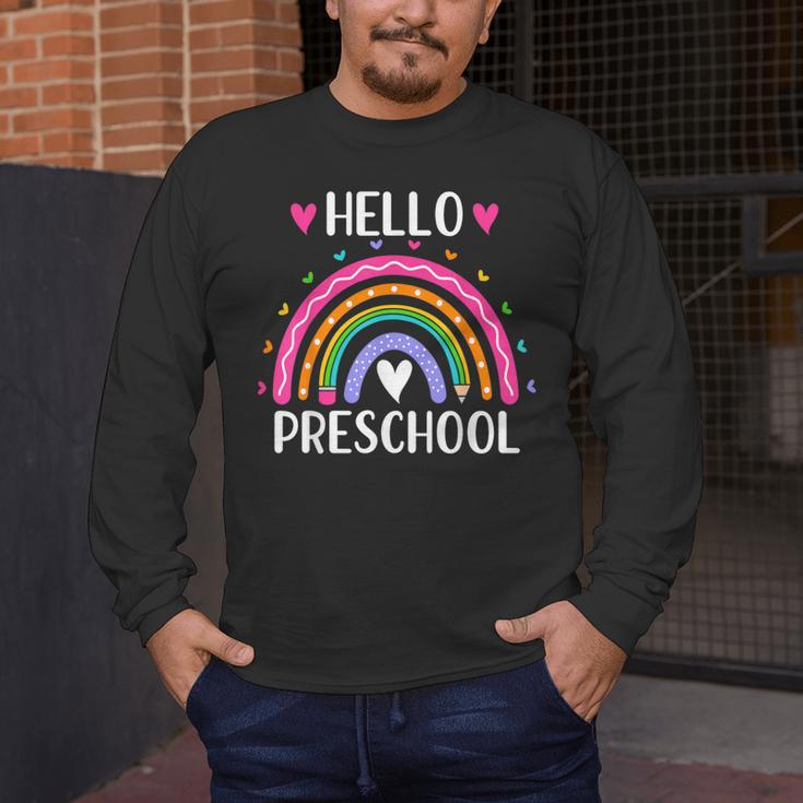 Hello Preschool Teacher Student Girls Rainbow Back To School Men's Long Sleeve T-Shirt, funny design Hello Preschool Teacher Student Girls Rainbow Back To School Men's Long Sleeve T-Shirt, funny design