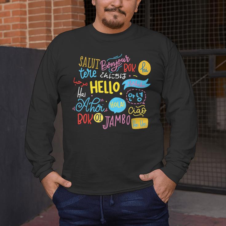 Hello Word In Different Languages Travel And Teacher Lover Men's Long Sleeve T-Shirt, funny design Hello Word In Different Languages Travel And Teacher Lover Men's Long Sleeve T-Shirt, funny design