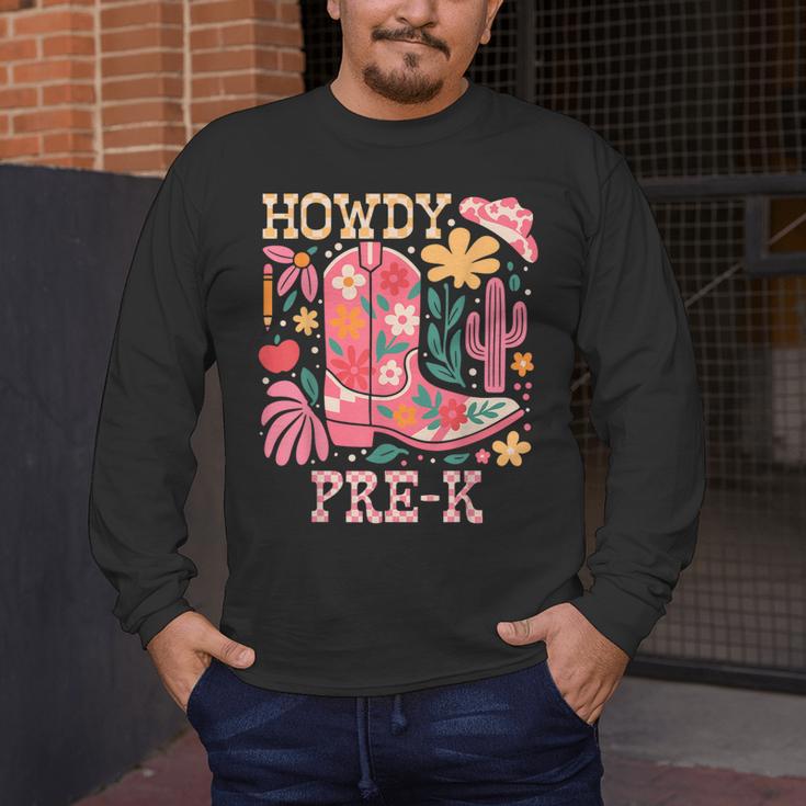 Howdy Pre-K Cowgirls Teacher Back To School Men's Long Sleeve T-Shirt, funny design