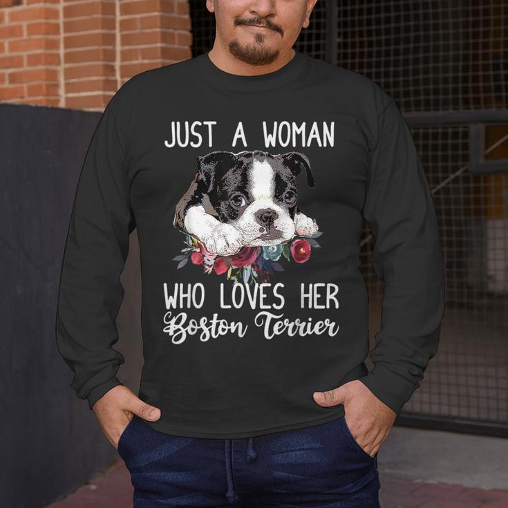 Just a Woman Who Loves Her Boston Terrier Cute Dog Mom Men's Long Sleeve T-Shirt, funny design