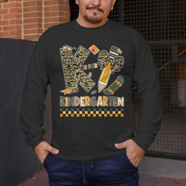 K Is For Kindergarten Teacher Coquette Bow Camo Men's Long Sleeve T-Shirt, funny design K Is For Kindergarten Teacher Coquette Bow Camo Men's Long Sleeve T-Shirt, funny design
