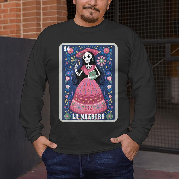 La Maestra Halloween Mexican Bingo Card Teacher Lottery Card Men's Long Sleeve T-Shirt, funny design