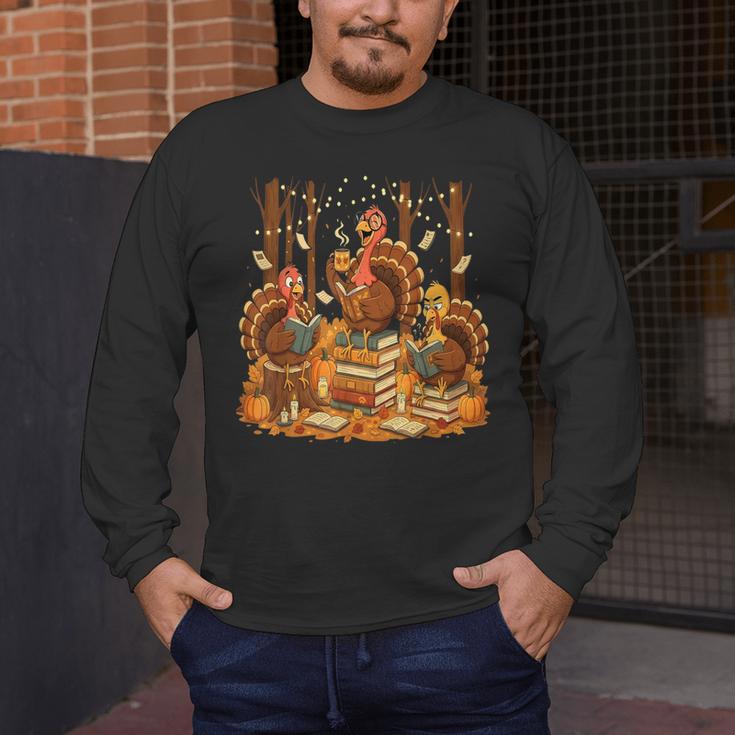 Librarian Turkey Reading Book Fall Thanksgiving Teacher Men's Long Sleeve T-Shirt, funny design
