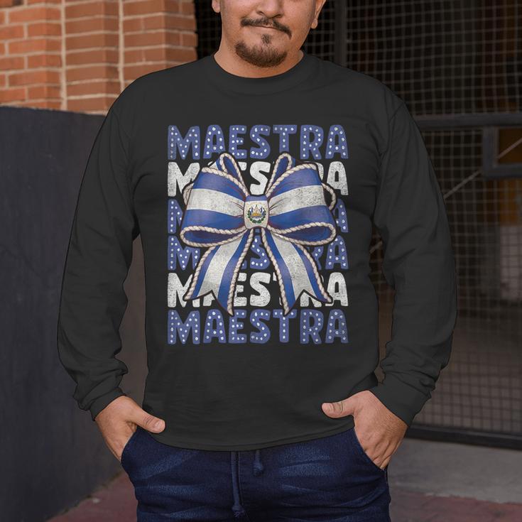 Maestra El Salvador Coquette Bow Hispanic Spanish Teacher Men's Long Sleeve T-Shirt, funny design