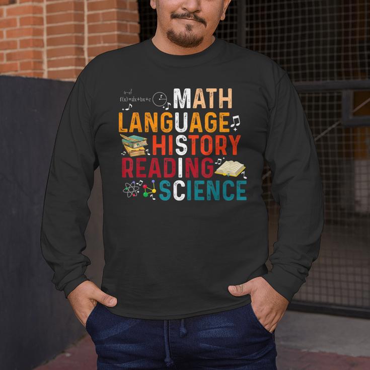 Math Language History Reading Science Music Teacher Men's Long Sleeve T-Shirt, funny design Math Language History Reading Science Music Teacher Men's Long Sleeve T-Shirt, funny design