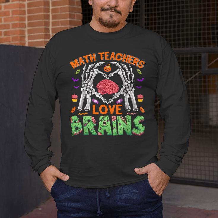 Math Teacher Love Brain Heart Skeleton Hand Zombie Halloween Men's Long Sleeve T-Shirt, funny design