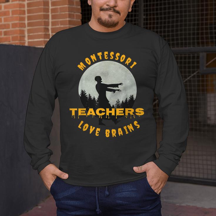 Montessori Teachers Love Brains Halloween Novelty Men Women Men's Long Sleeve T-Shirt, funny design