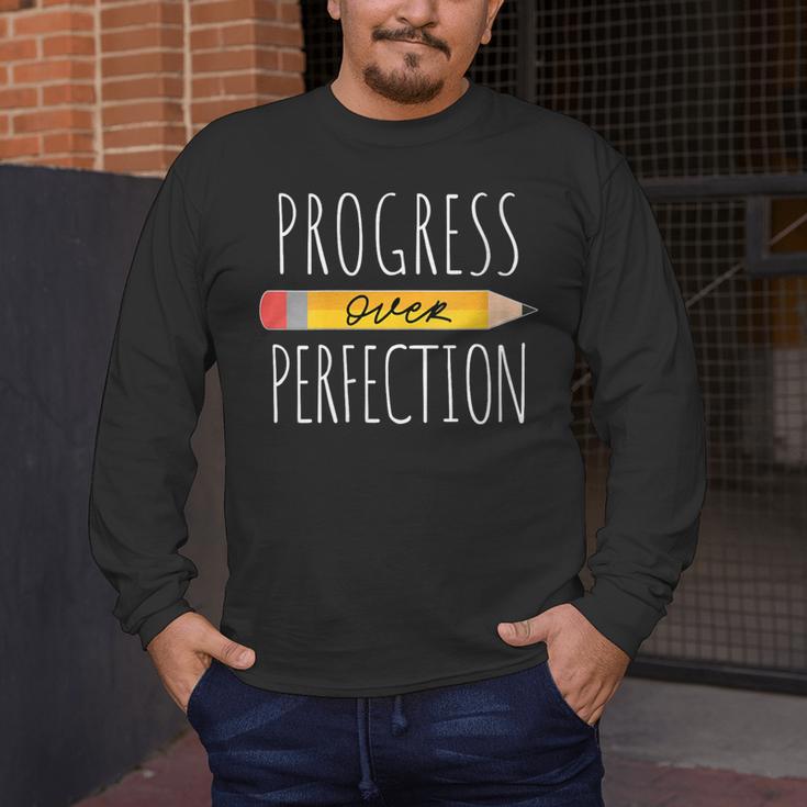 Motivational Progress Over Perfection Back To School Teacher Men's Long Sleeve T-Shirt, funny design Motivational Progress Over Perfection Back To School Teacher Men's Long Sleeve T-Shirt, funny design