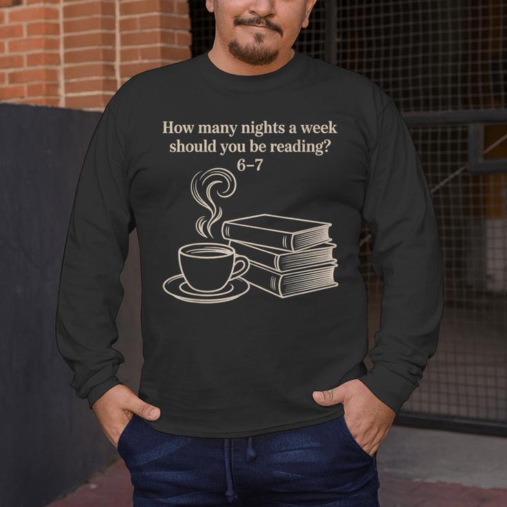 How Many Nights A Week Should You Be Reading 6-7 Teacher Fun Men's Long Sleeve T-Shirt, funny design How Many Nights A Week Should You Be Reading 6-7 Teacher Fun Men's Long Sleeve T-Shirt, funny design