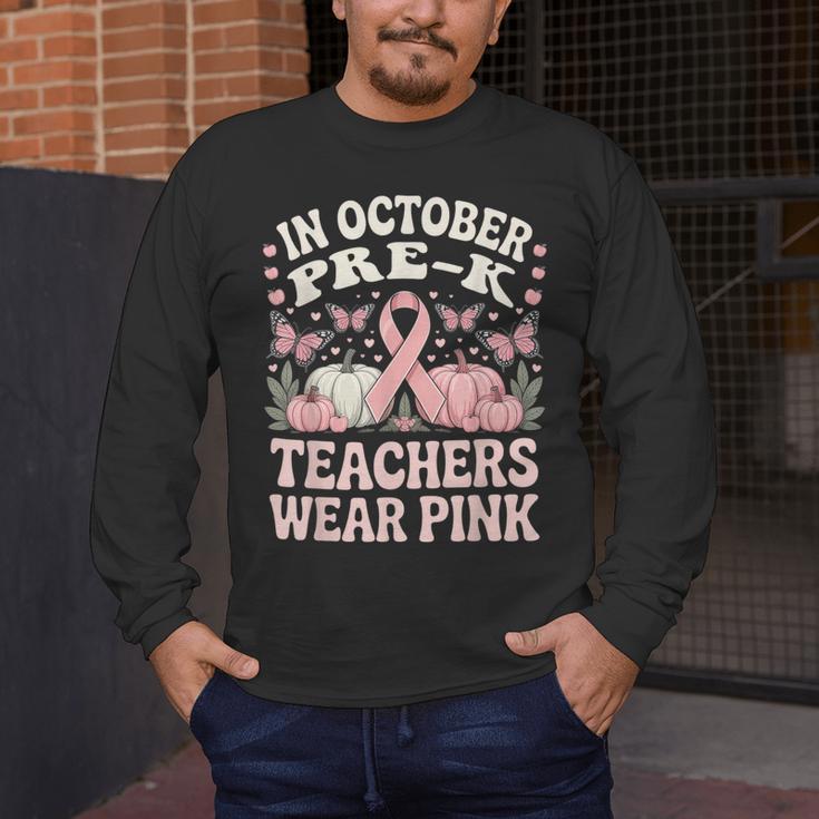 In October Pre-K Teachers Wear Pink Ribbon Breast Cancer Men's Long Sleeve T-Shirt, funny design