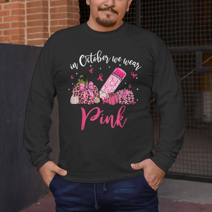 In October We Wear Pink Apple Teacher Daisy Breast Cancer Men's Long Sleeve T-Shirt, funny design