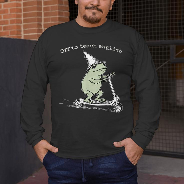 Off To Teach English Scooter Frog ESL Teacher Literature Men's Long Sleeve T-Shirt, funny design Off To Teach English Scooter Frog ESL Teacher Literature Men's Long Sleeve T-Shirt, funny design