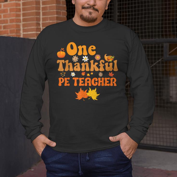 One Thankful PE Teacher Thanksgiving Fall Autumn Groovy Men's Long Sleeve T-Shirt, funny design One Thankful PE Teacher Thanksgiving Fall Autumn Groovy Men's Long Sleeve T-Shirt, funny design