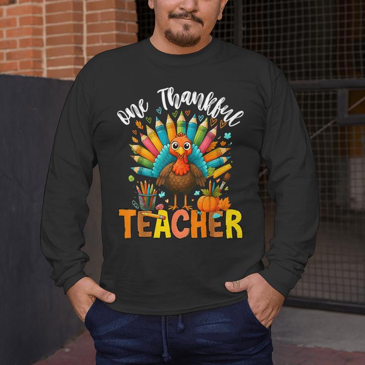 One Thankful Teacher Thanksgiving Turkey Cute Crayon Pencil Men's Long Sleeve T-Shirt, funny design One Thankful Teacher Thanksgiving Turkey Cute Crayon Pencil Men's Long Sleeve T-Shirt, funny design