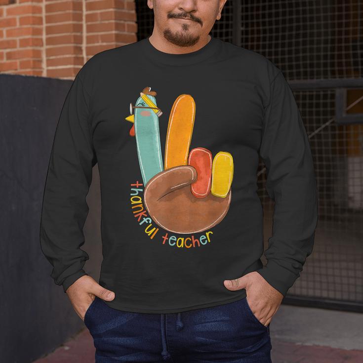 One Thankful Teacher Thanksgiving Turkey Peace Hand Sign Men's Long Sleeve T-Shirt, funny design One Thankful Teacher Thanksgiving Turkey Peace Hand Sign Men's Long Sleeve T-Shirt, funny design