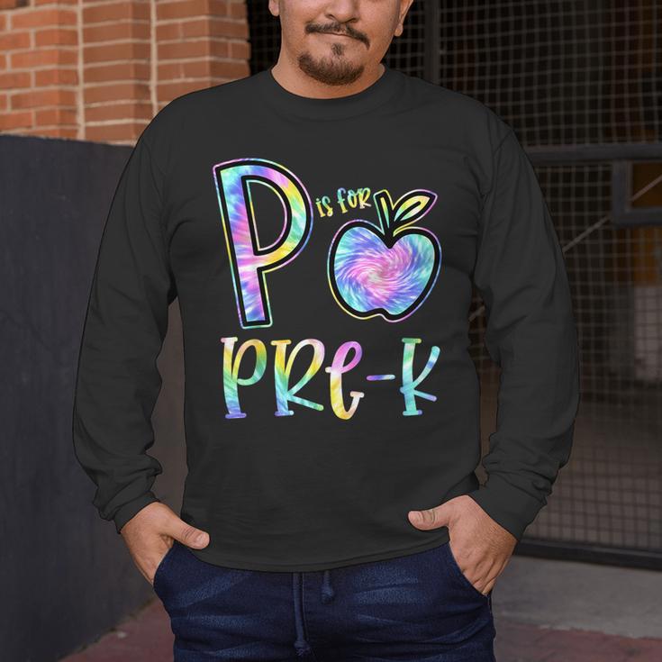 P Is For Pre-K Preschool Teacher Tie Dye Back To School Men's Long Sleeve T-Shirt, funny design P Is For Pre-K Preschool Teacher Tie Dye Back To School Men's Long Sleeve T-Shirt, funny design