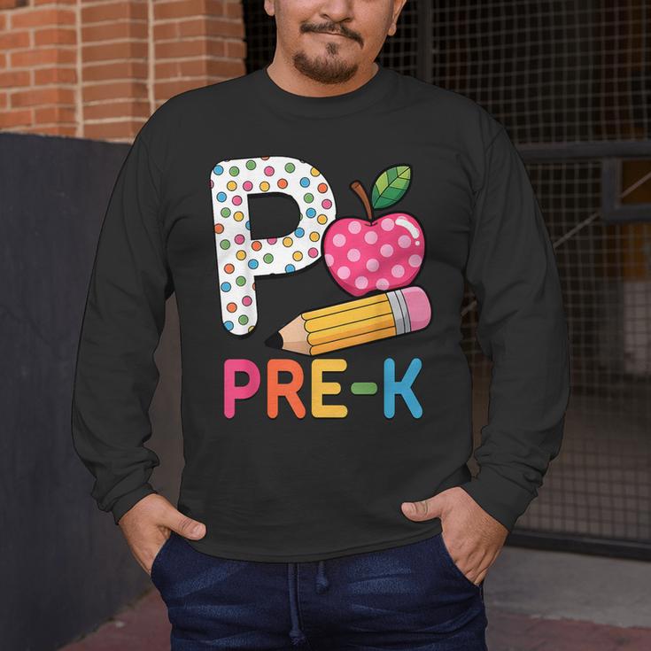 P Is For Pre K Teacher Student Pencil Apple Back To School Men's Long Sleeve T-Shirt, funny design P Is For Pre K Teacher Student Pencil Apple Back To School Men's Long Sleeve T-Shirt, funny design