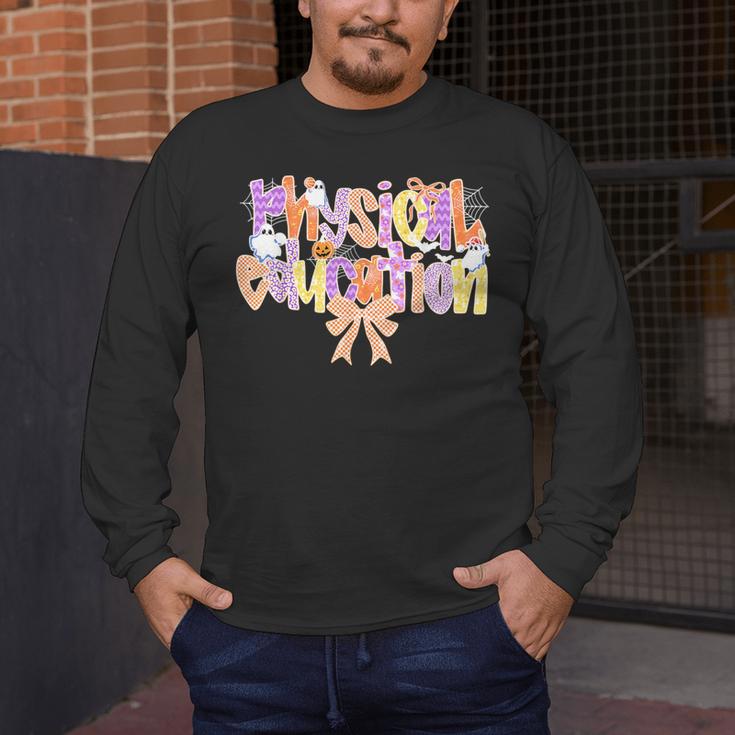Physical Education Halloween Bow Checkered Teacher Ghost PE Men's Long Sleeve T-Shirt, funny design