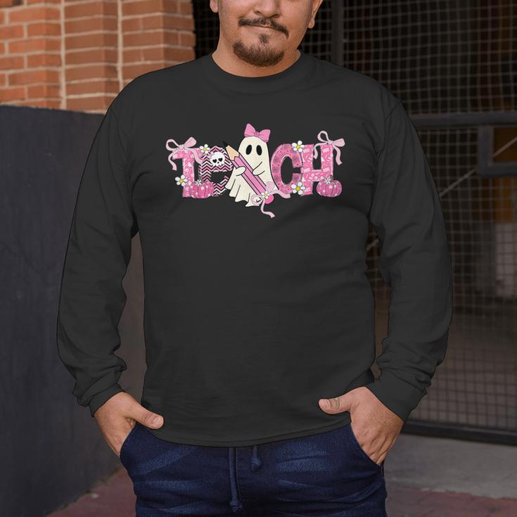 Pink Ghost Teach Halloween Teacher In Spooky Season Men's Long Sleeve T-Shirt, funny design