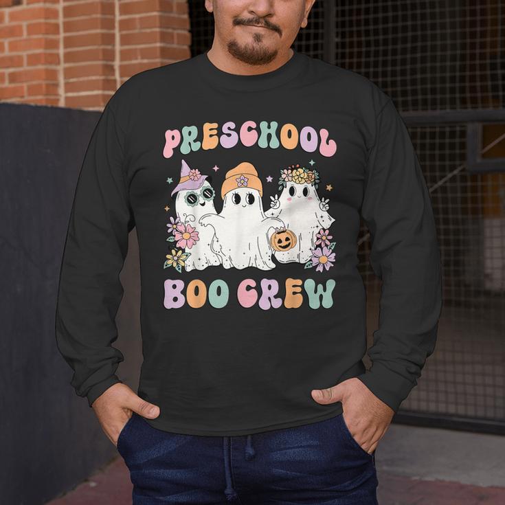 Preschool Boo Crew Groovy Halloween Floral Ghost Teacher Men Women Kids Men's Long Sleeve T-Shirt, funny design