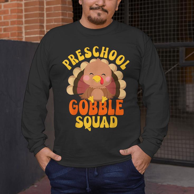 Preschool Gobble Squad Cute Turkey Thanksgiving Teacher Men's Long Sleeve T-Shirt, funny design