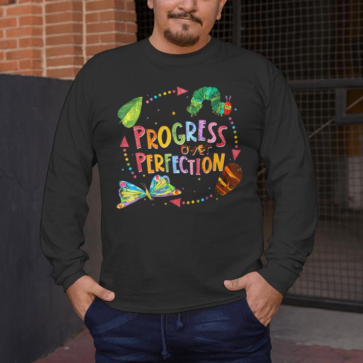 Progress Over Perfection Caterpillar Teacher Back To School Men's Long Sleeve T-Shirt, funny design Progress Over Perfection Caterpillar Teacher Back To School Men's Long Sleeve T-Shirt, funny design
