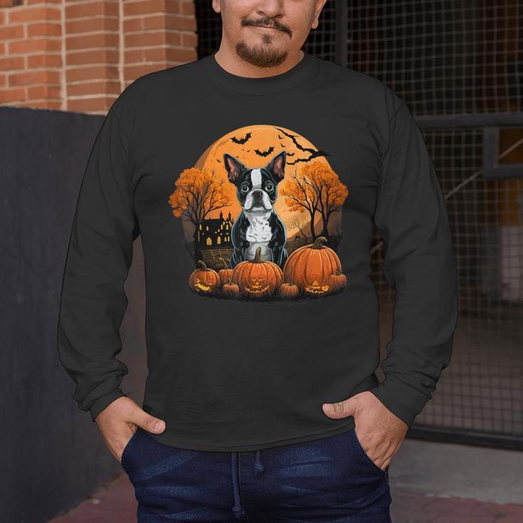Pumpkin Boston Terrier Costume On Boston Terrier Halloween Men's Long Sleeve T-Shirt, funny design