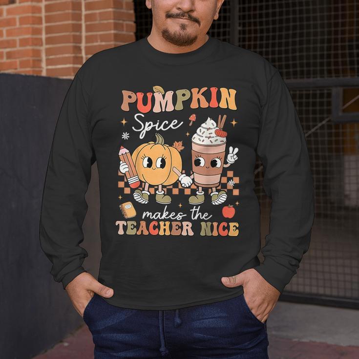 Pumpkin Spice Makes Teacher Nice Retro Fall Spooky Season Men's Long Sleeve T-Shirt, funny design Pumpkin Spice Makes Teacher Nice Retro Fall Spooky Season Men's Long Sleeve T-Shirt, funny design