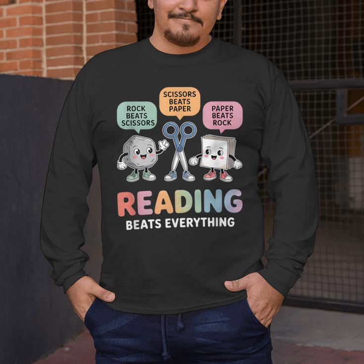 Reading Beats Everything Teacher Rock Paper Scissors Men's Long Sleeve T-Shirt, funny design Reading Beats Everything Teacher Rock Paper Scissors Men's Long Sleeve T-Shirt, funny design