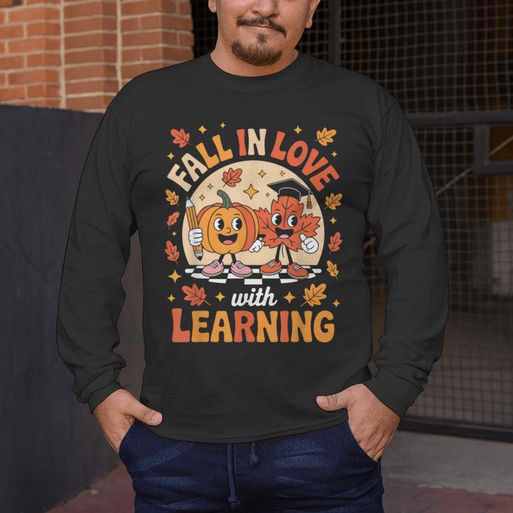 Retro Fall In Love With Learning Pumpkin Leaf Teacher Autumn Men's Long Sleeve T-Shirt, funny design Retro Fall In Love With Learning Pumpkin Leaf Teacher Autumn Men's Long Sleeve T-Shirt, funny design