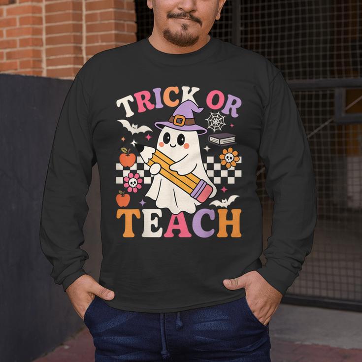 Retro Floral Ghost Trick Or Teach Groovy Teacher Halloween Men's Long Sleeve T-Shirt, funny design