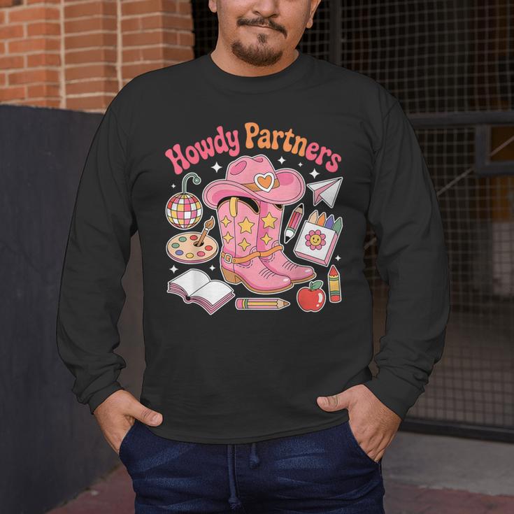Retro Howdy Partners Cowgirl Cowboy Teacher Back To School Men's Long Sleeve T-Shirt, funny design Retro Howdy Partners Cowgirl Cowboy Teacher Back To School Men's Long Sleeve T-Shirt, funny design