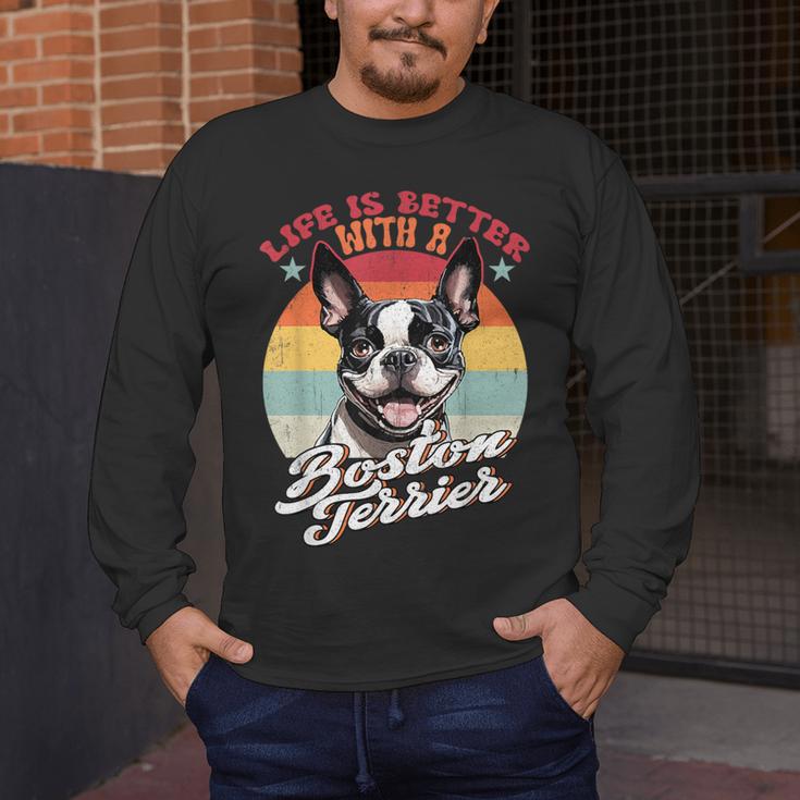 Retro Life Is Better With Boston Terrier Mom Dog Lover Men's Long Sleeve T-Shirt, funny design