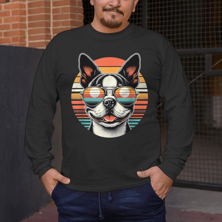 Retro Sunset Sunglasses Boston Terrier Boston Bull Bostie Men's Long Sleeve T-Shirt, funny design