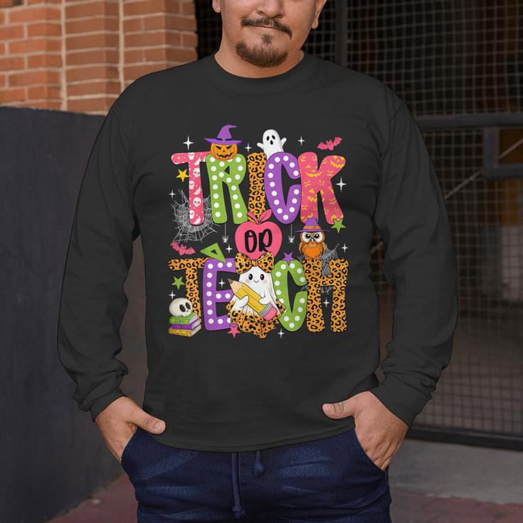 Retro Trick Or Teach Leopard Ghost Halloween Spooky Teacher Men's Long Sleeve T-Shirt, funny design Retro Trick Or Teach Leopard Ghost Halloween Spooky Teacher Men's Long Sleeve T-Shirt, funny design