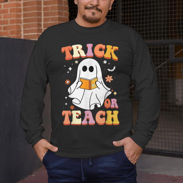 Retro Vintage Groovy Trick Or Teach Teacher Halloween For Men Women Kids Men's Long Sleeve T-Shirt, funny design