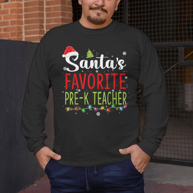 Santa's Favorite Pre-K Teacher Christmas Santa Hat Lights For Men Women Kids Men's Long Sleeve T-Shirt, funny design