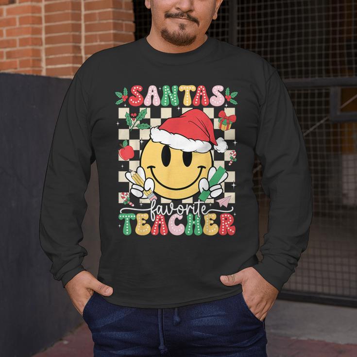 Santas Favorite Teacher Retro Groovy Smile Face Christmas Men's Long Sleeve T-Shirt, funny design Santas Favorite Teacher Retro Groovy Smile Face Christmas Men's Long Sleeve T-Shirt, funny design