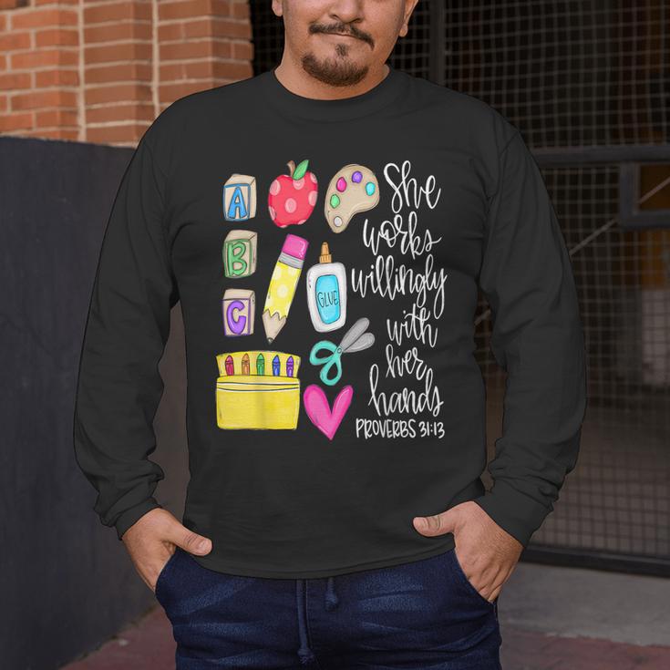 She Works Willingly With Her Hands Proverbs Daycare Teacher Men Women Men's Long Sleeve T-Shirt, funny design She Works Willingly With Her Hands Proverbs Daycare Teacher Men Women Men's Long Sleeve T-Shirt, funny design