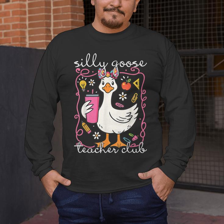Silly Goose Teacher Club Animal Lover Groovy Teacher Men's Long Sleeve T-Shirt, funny design
