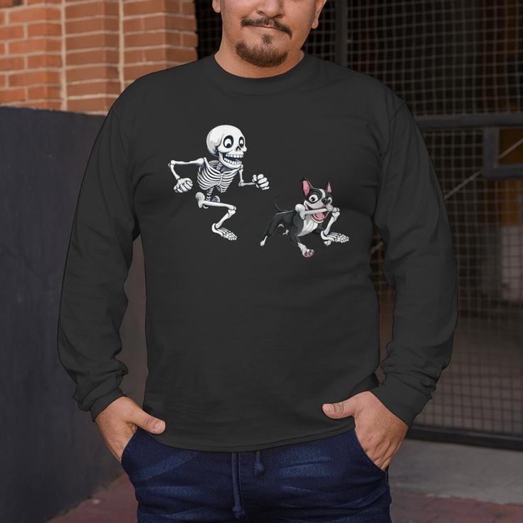 Skeleton Chasing Dog Boston Terrier Halloween Pet Lover Men's Long Sleeve T-Shirt, funny design