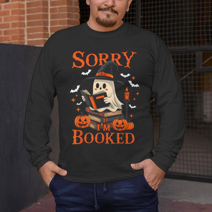 Sorry I'm Booked Ghost Reading Book Lover Teacher Halloween Men's Long Sleeve T-Shirt, funny design