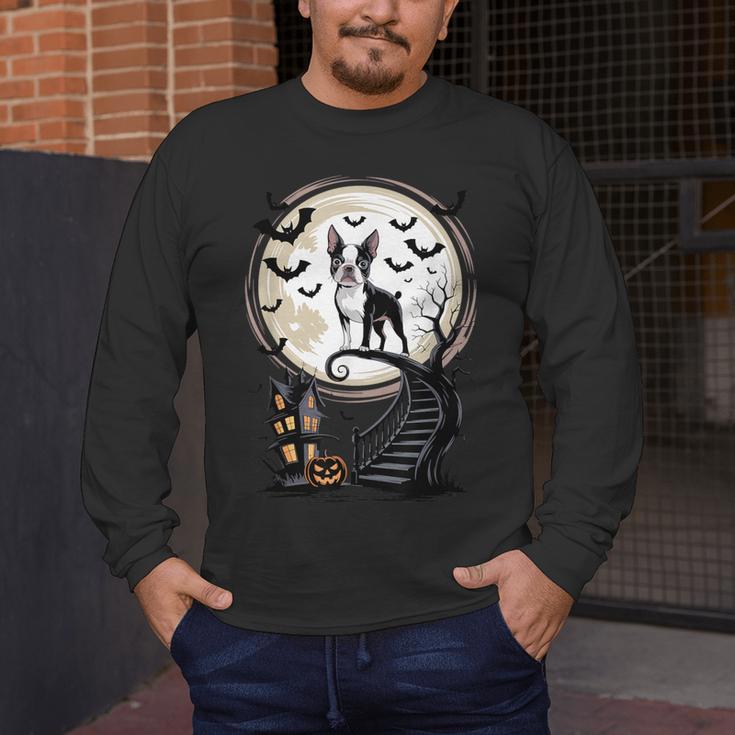 Spooky Halloween Moon Boston Terrier Boston Bull Bostie Men's Long Sleeve T-Shirt, funny design