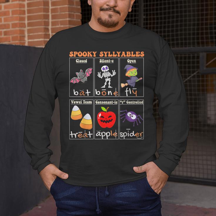 Spooky Syllables Halloween Teacher Student Education Men's Long Sleeve T-Shirt, funny design