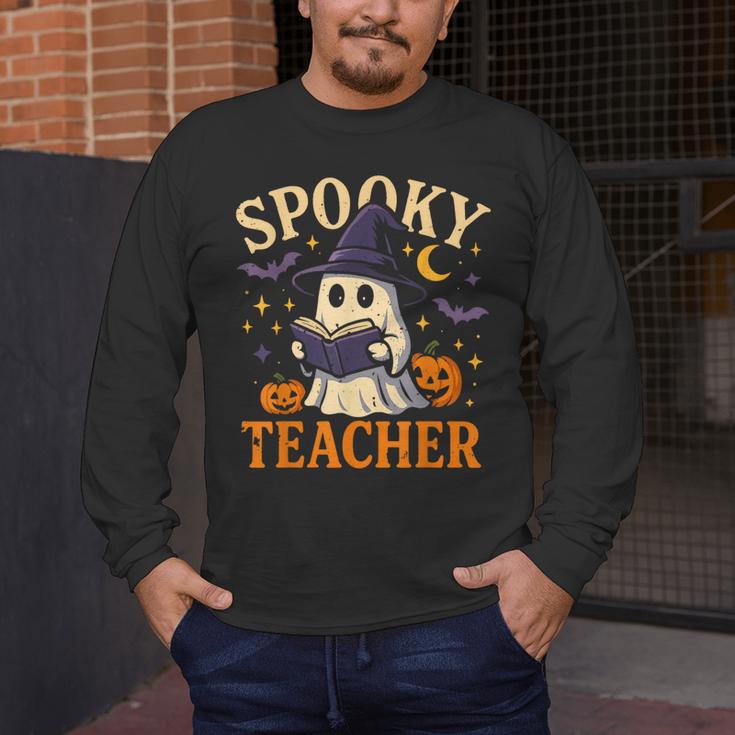 Spooky Teacher Halloween Cute Ghost Pumpkin Reading Women Men's Long Sleeve T-Shirt, funny design
